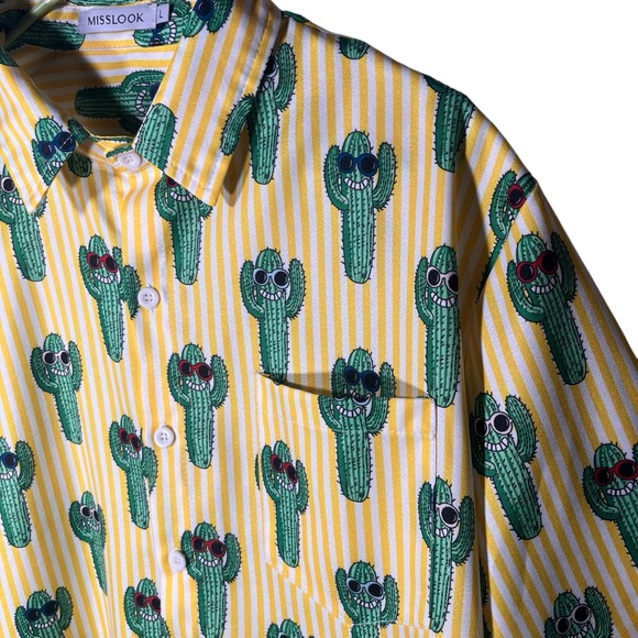 Misslook Yellow and White Stripes Shirt  with Green Cactuses With Shades On! - Picture 8 of 8